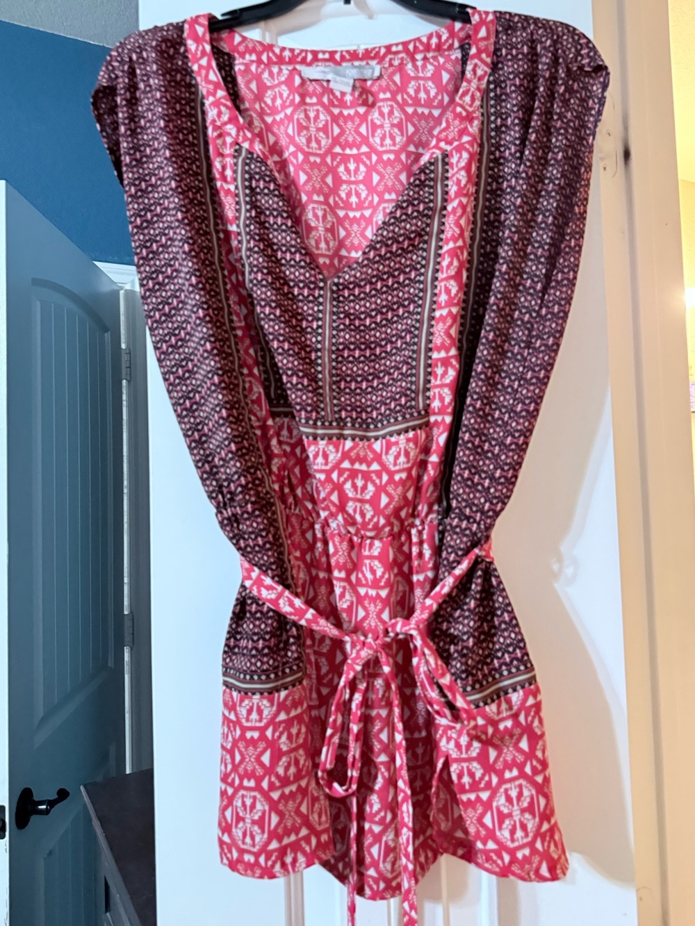 Forever 21 Pink and Dark Patterned V-Neck Tie-Waist Mini Dress